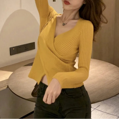 Women Long Sleeve Skinny Elastic Casual V-neck Sweaters