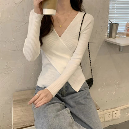 Women Long Sleeve Skinny Elastic Casual V-neck Sweaters