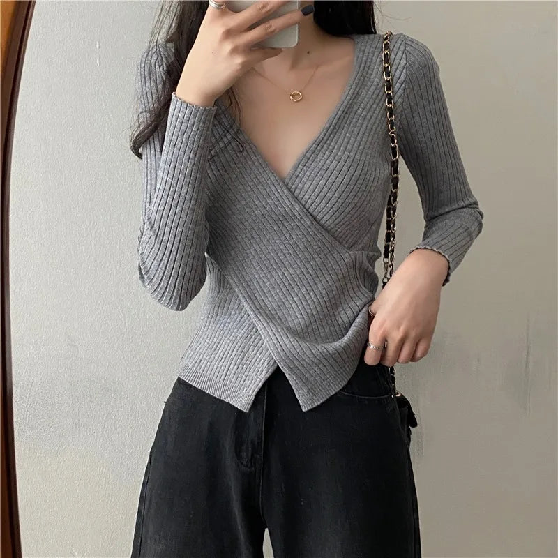 Women Long Sleeve Skinny Elastic Casual V-neck Sweaters