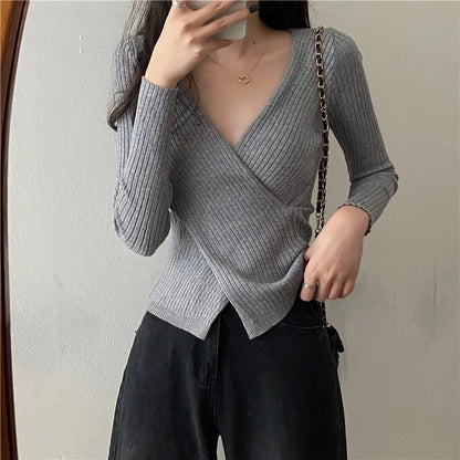 Women Long Sleeve Skinny Elastic Casual V-neck Sweaters