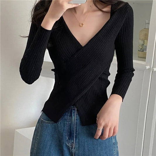 Women Long Sleeve Skinny Elastic Casual V-neck Sweaters